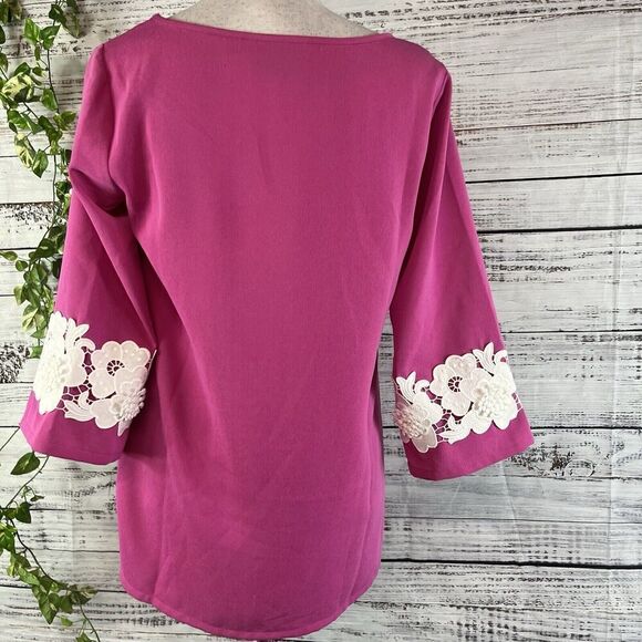 Linea by Louis Dell'Olio Blouse Tunic sz 4 Pink White Lace Boho Wedding Stretch - Picture 9 of 10